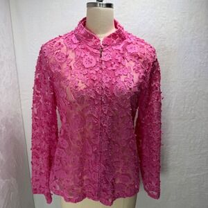 Renaissance Pink Floral Lace Zip Front Mock Neck Sheer M Jacket Wedding Barbie